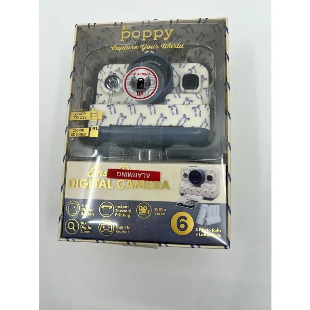 NIB XO Poppy White Digital insta-print Camera with Blue ribbon Accents
